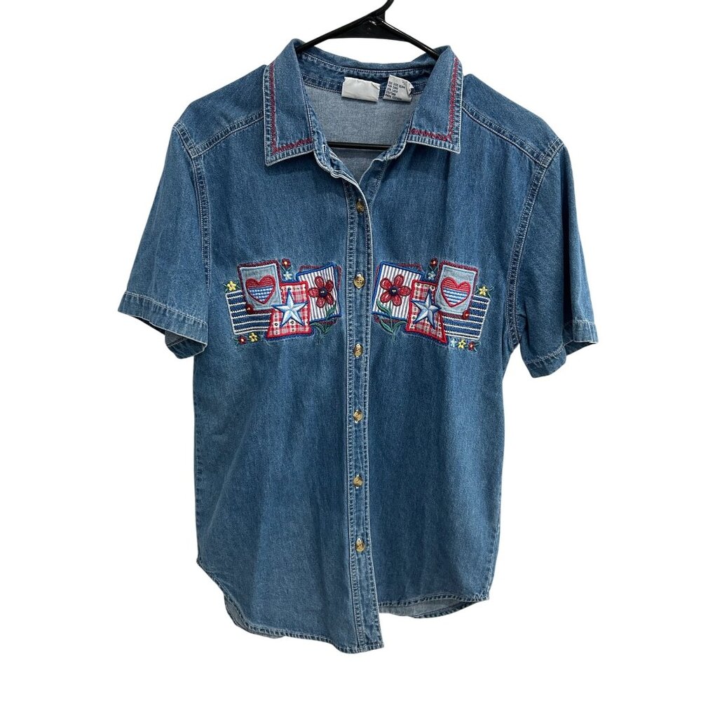 Bobbie Brooks Vintage Embroidered Button Front Denim Shirt Blue Sz Medium Retro